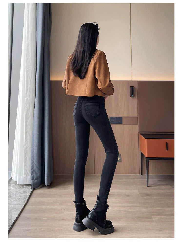 Women's Autumn And Winter Denim Jeans Thick Velvet Slim High Waist Small Leg New Black High Stretch Pencil Pants