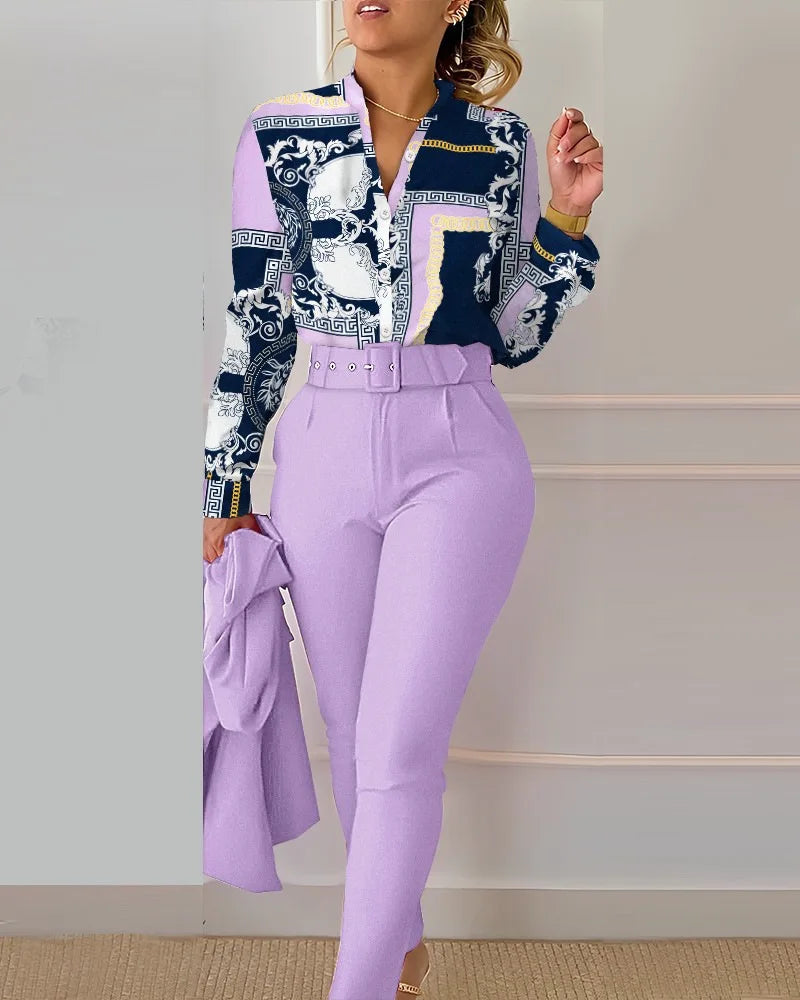 Elegant Women Shirt Two Piece Set Suits Fall New Fashion Print Long Sleeve Top Black Pants Set With Belt Blouses Female Clothing