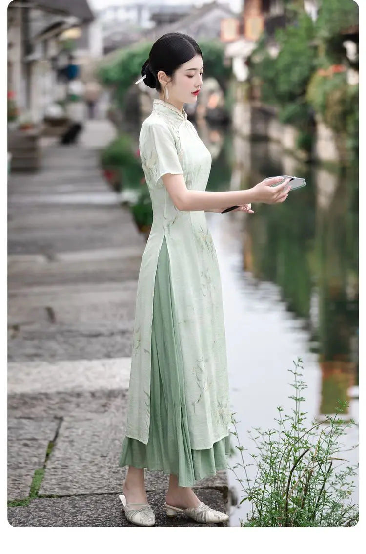 Retro Chinese Style Short Sleeve Qipao Two-piece Set Women New Chinese Style Green Improved Cheongsam Summer Long Dresses - Seprincess