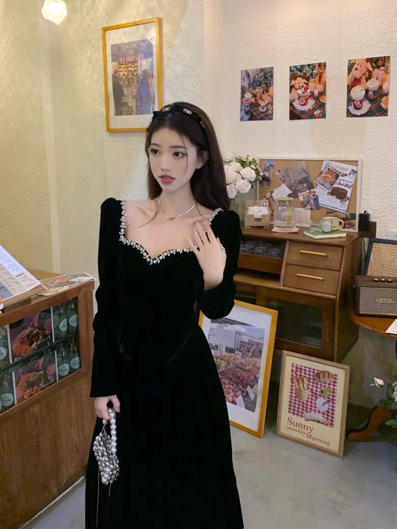 Vintage Evening Party Velvet Dresses for Woman Elegant Fashion Wedding Birthday Prom Long Sleeves Female Clothing Black Robe - Seprincess