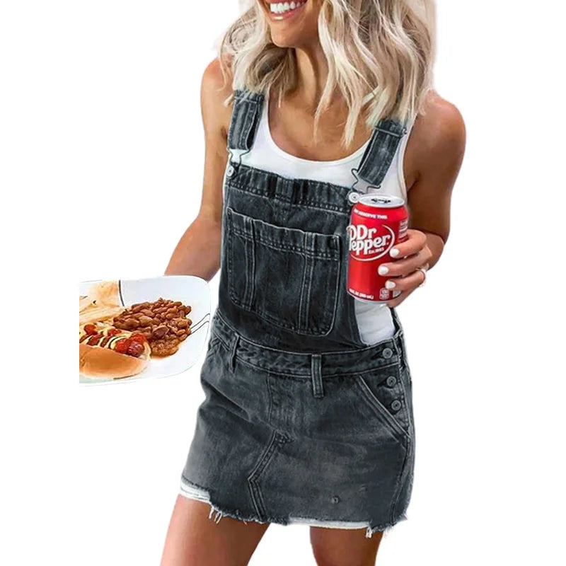 Women's Frayed Hem Adjustable Strap Denim Overall Dress Classic Casual Mini Jean Dresses Pocket Sleeveless Suspender Short Skirt - Seprincess