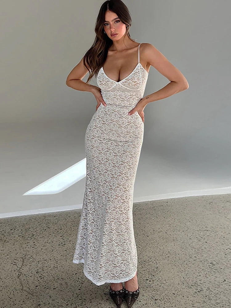 Tossy Lace Hollow Out Backless Maxi Dress Slim V-Neck See-Through High Street Summer Elegant Party Dress Fashion Slim Dress 2023 - Seprincess