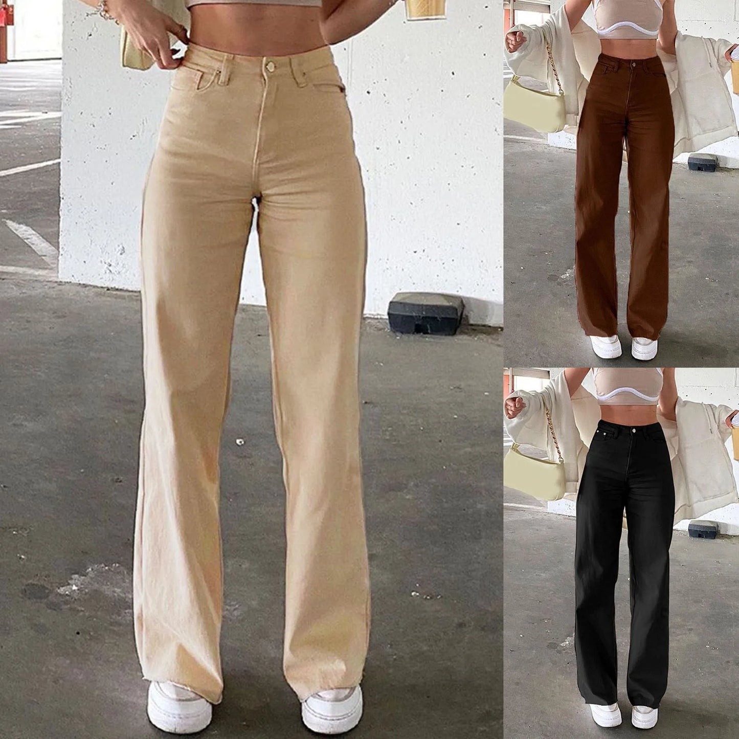 Ladies' Jeans Khaki High Waisted Retro Straight Leg Washed Denim Pants street Wear American Fashion Casual Wide Leg Trousers