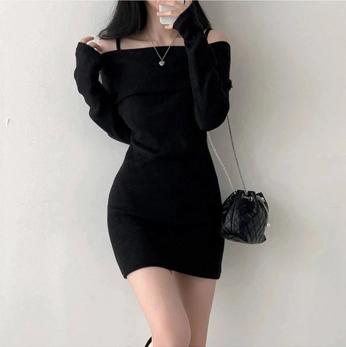 Off Shoulder Suspender Lapel Knit Dress Women Korean Sexy Slim Bottomed Mini Dresses Autumn Winter Solid Suspender Sweater Dress - Seprincess