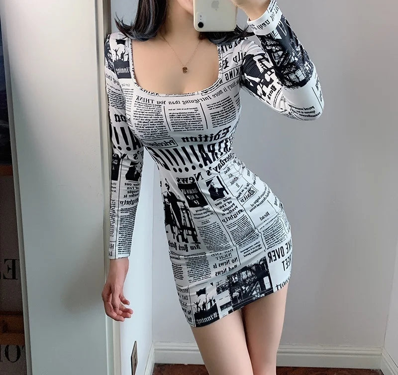 Hot-selling Printed Europe Newspaper Sexy Mini Dress 2020 Autumn New Fashion Street Shooting Slim Girl Female Square Collar ZW0 - Seprincess