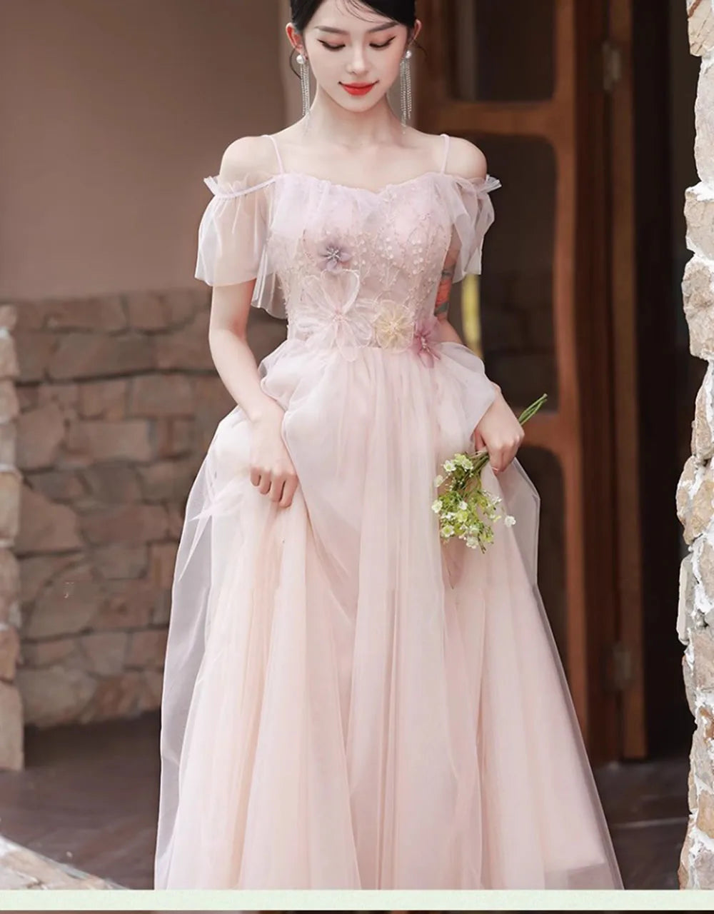 4 Styles Pink Bridesmaid Dress Women's Elegant Thin Tulle Off The Shoulder Flower Appliques A-line Wedding Party Guest Vestido