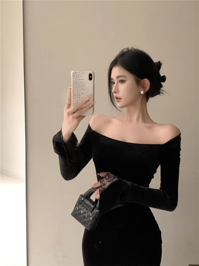 Women's Sexy Black Velvet Dress Elegant Chic Off Shoulder Lace Split Evening Party Dresses Autumn Female Bodycon Vestidos Mujer - Seprincess