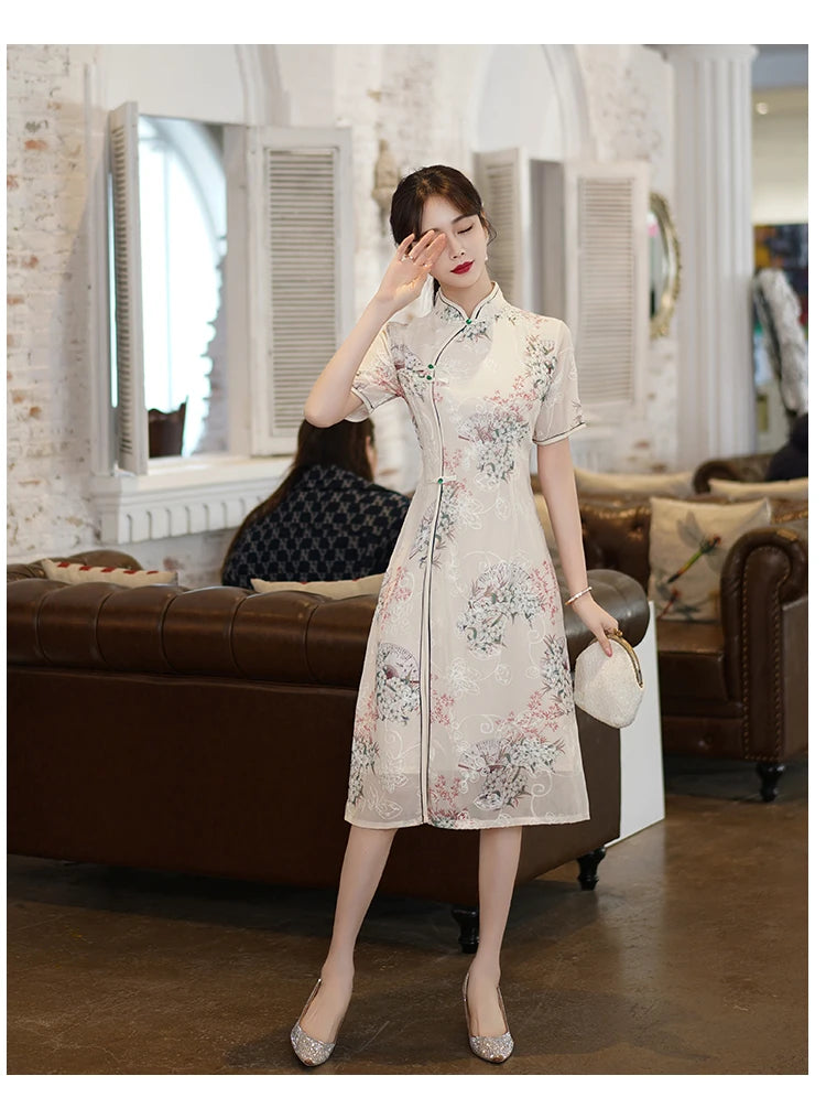 Retro Traditional Chinese Short Sleeve Cheongsam Clothing for Women Summer Modern Elegant Qipao Evening Dress - Seprincess