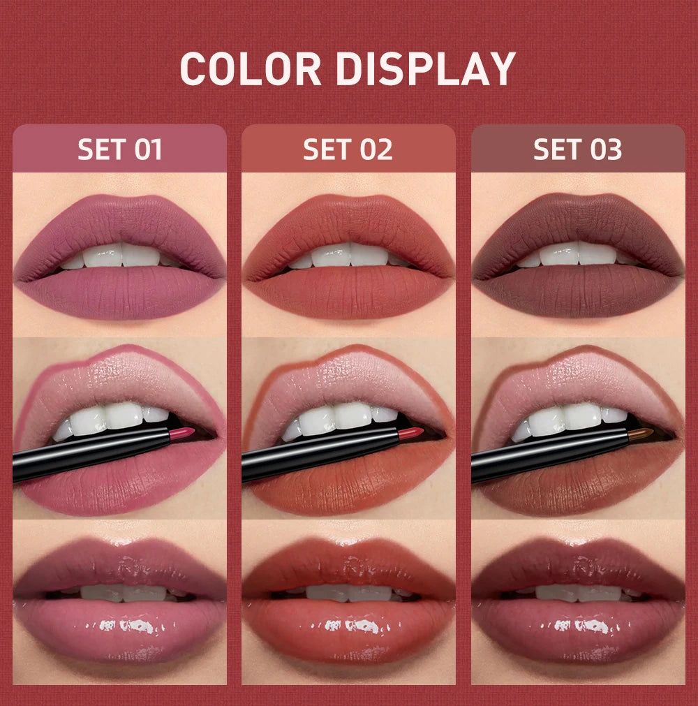 3pcs Matte Liquid Lipstick+Lip Liner Set Lip Glaze Makeup Nude Black Red Velvet Lip Gloss Long Lasting Lip Tint Cosmetics Kits - Seprincess