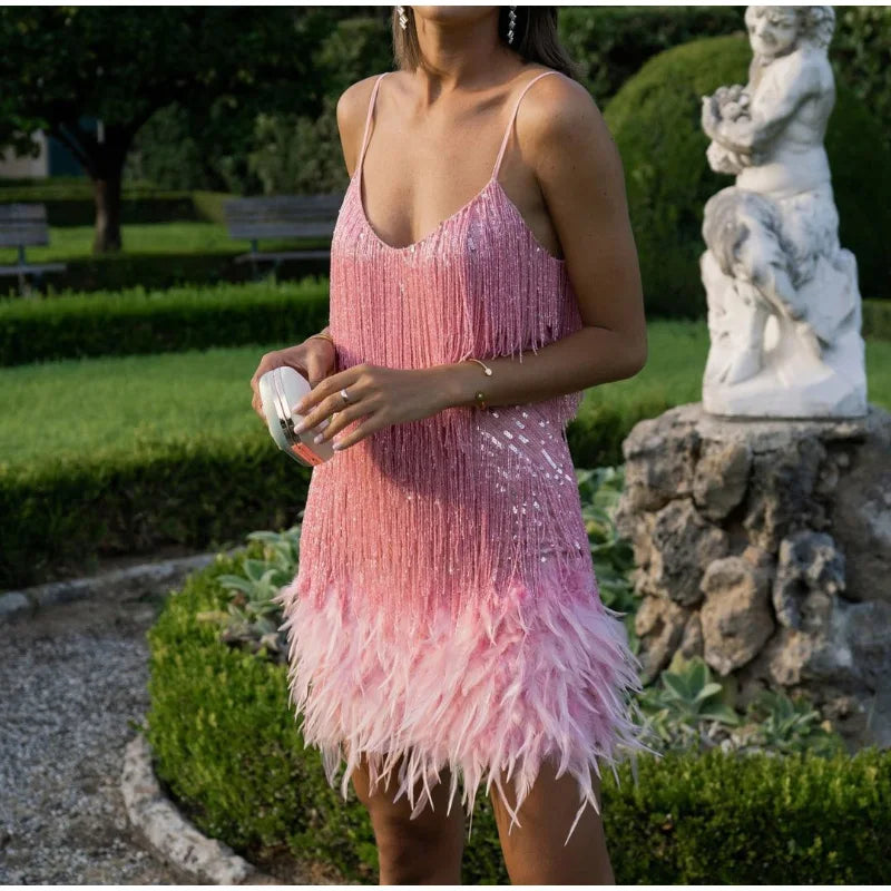 2024 Sexy Women's Fringed Sequin Feather Stitching Dress Summer Slim V-Neck Off Shoulder Dresses Female Backless Slip Mini Robe - Seprincess