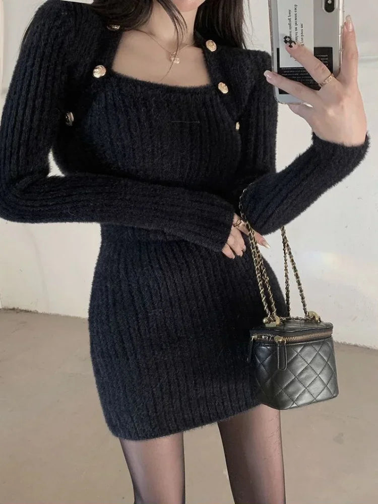 QWEEK Knit Knitted Balck Bodycon Mini Dress 2023 Autumn Winter Korean Fashion Kpop Long Sleeve Short Dresses Streetwear - Seprincess