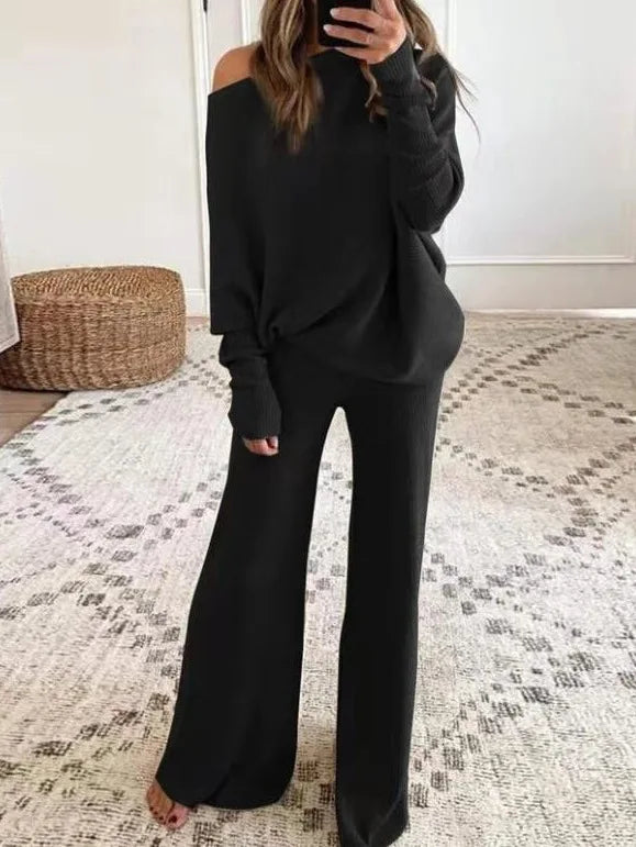 Fashion Long-sleeved Bateau Collar Top + Wide-leg Pants 2-piece Set Women Elegant Autumn Solid Color Knitted Loose Suit Female - Seprincess