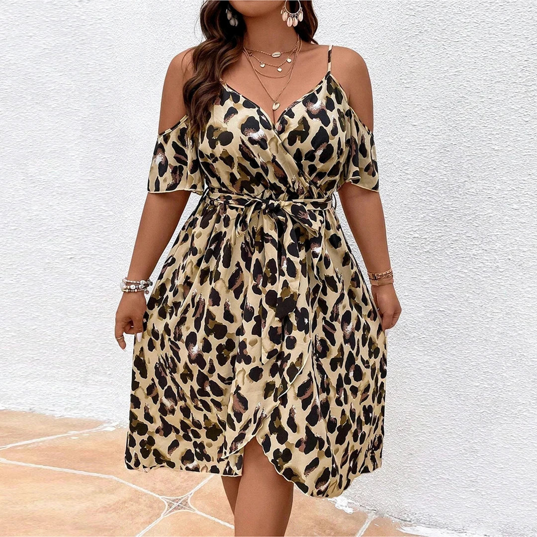 Plus Size Leopard Print V Neck Dress Casual Short Sleeve Slit Belted 2024 Dresses For Spring&Summer Women's Large Size Clothing - Seprincess