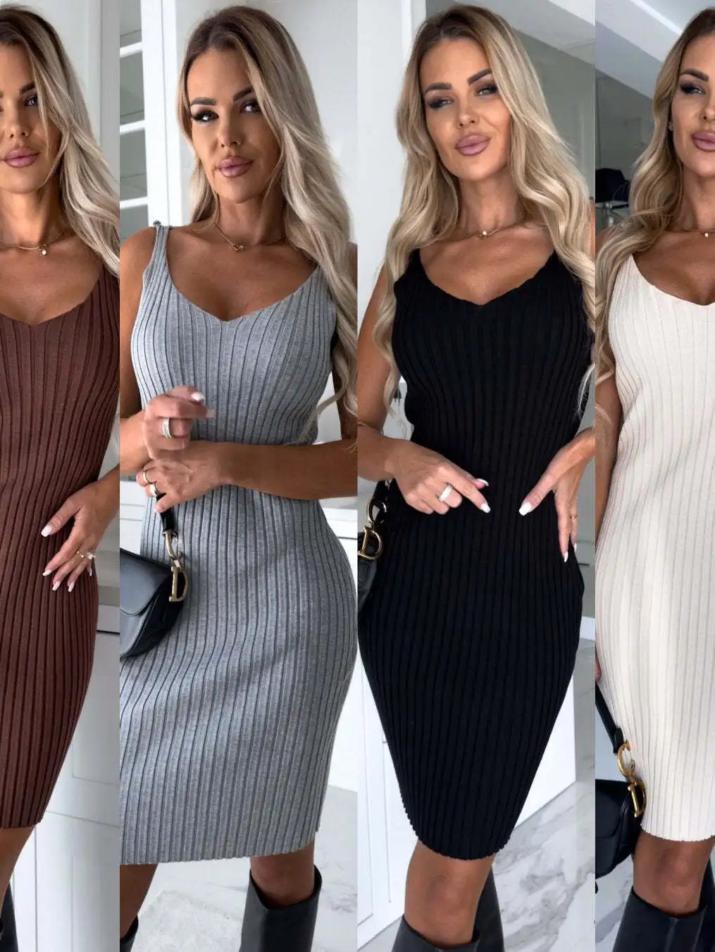 Chic Dress for Woman 2023 Winter Fashion Slim Fit Sexy Solid Two Piece Mid length Women Elegant Knitted Pit Stripe Dress Vestido - Seprincess