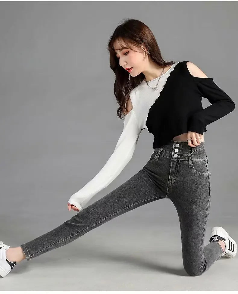 Thickened High-waisted Fleece-lined Jeans Women's Black Grey Slimming Winter 2021 New Style Tightening Integrated Velvet Pants