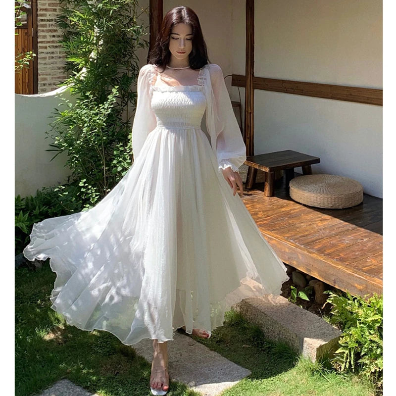 Horetong Elegant Maxi Dresses For Women White Off Shoulder Puff Long Sleeve Elastic High Waist Party Gown Ruffle Holiday Dress - Seprincess