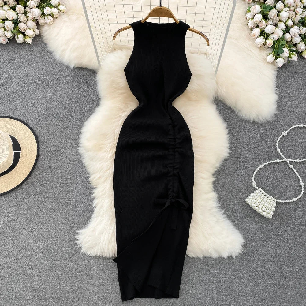 Summer Green Black Knitted Robe Femme Summer O Neck Sleeveless Kink Hollow Out Sexy Slim Bodycon Dress Split Fork Long Vestidos - Seprincess