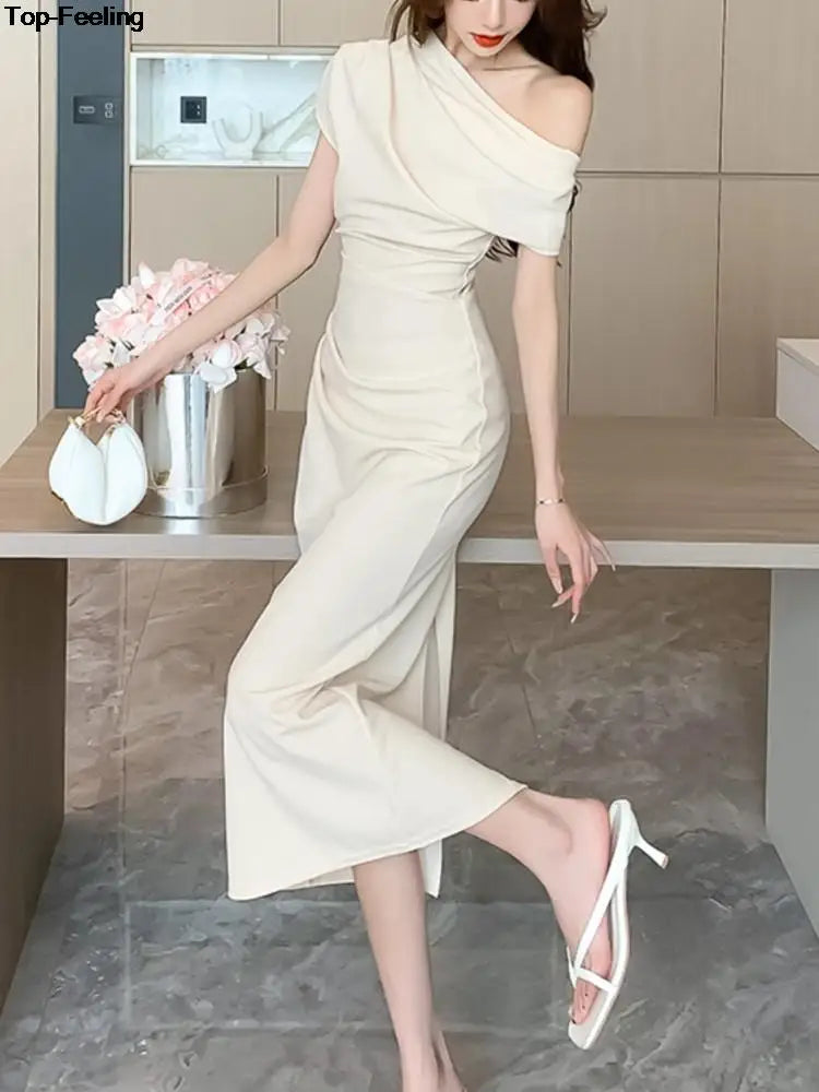 Elegant Off Shoulder Evening Party Dresses Women Summer Fashion Slim One Piece Solid Vestidos Korean Graduation Robe Clothing - Seprincess