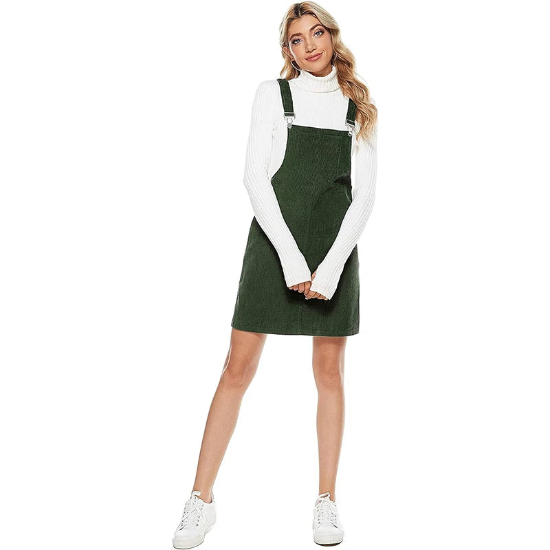 Corduroy Dresses Womens Solid Loose Sleeveless Strap Dress With Adjustable Big Pocket Ladies Fashion Suspender Dress Autumn