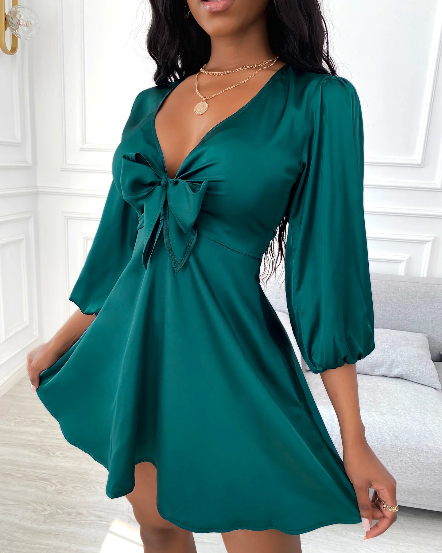 2022 New Women's Mini Satin Puff Sleeve Plunge Tie Front Dress Solid Bow Spring Summer Party Casual Chic Sexy V Neck Dress femme - Seprincess