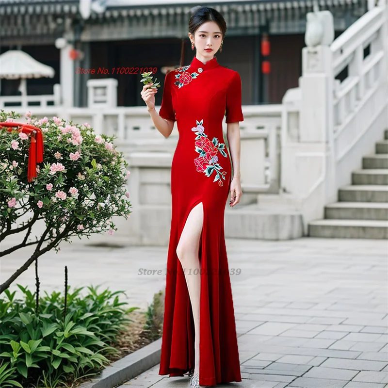 2024 chinese vintage qipao velvet dress mandarin collar improved cheongsam flower embroidery evening banquet qipao folk dress - Seprincess