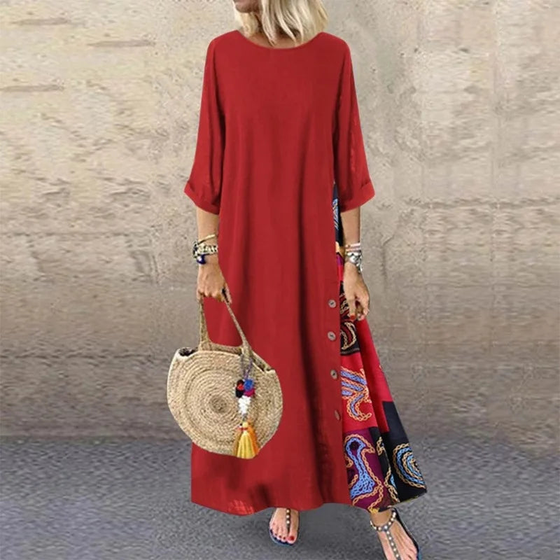 Autumn New Women's Dress Fashion Printed Round Neck Retro Style Patchwork Temperament Commuter Three-quarter Sleeve Long Dress - Seprincess