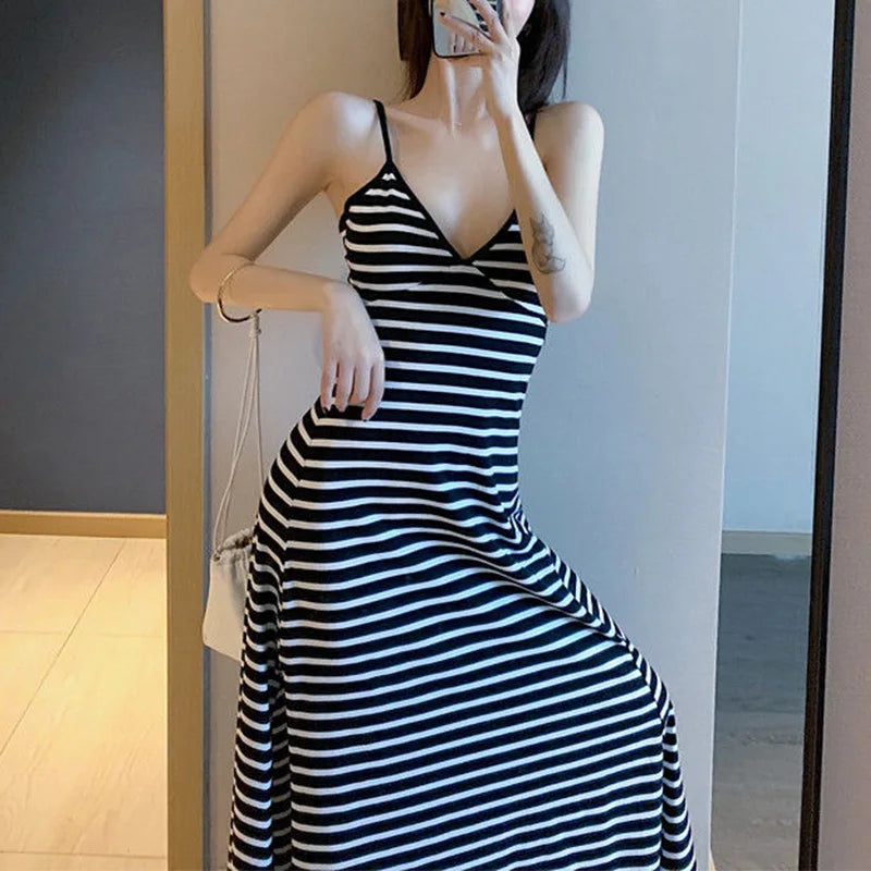 Sexy V-neck Suspender Dress Women Summer Thin Slim Side Slit Long Sun Dress Fashion Vintage Stripe Sleeveless Backless Dresses - Seprincess