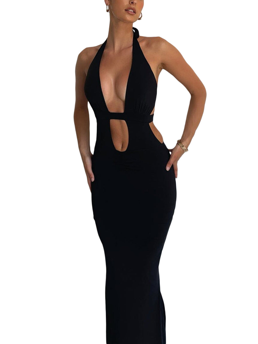 Sexy Cutout Halter Neck Backless Maxi Dress Tie-Up Black Elegant Cocktail Party Dresses for Women Clothing 2023 Autumn Fashion - Seprincess