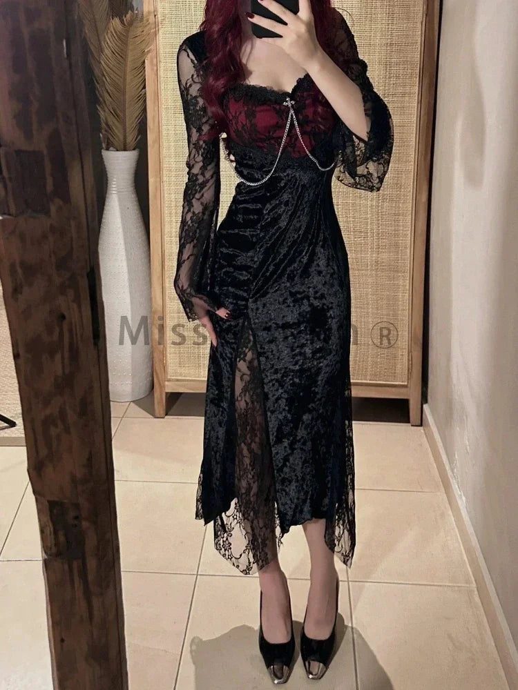 Summer Gothic Grunge Y2k Lace Dress Women Dark Academia Sexy Slim Party Dresses Korean Fashion Design Festival Long Prom Dress - Seprincess