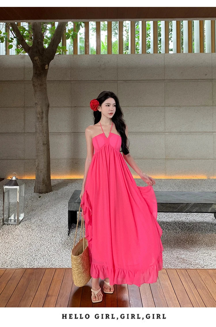 Women Long Sexy Chiffon Sundress Summer 2024 Halter Elegant French Fairy Dress Honeymoon Vacation Party Night Runway Dresses New - Seprincess