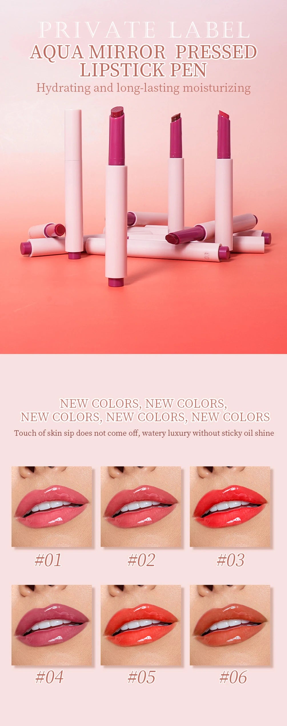 2.5g Private Label 6-color Lipstick Pen Custom Bulk Press-on Waterproof Non-fading Pop-lip Mirror Glaze Water Gloss Makeup Vegan - Seprincess