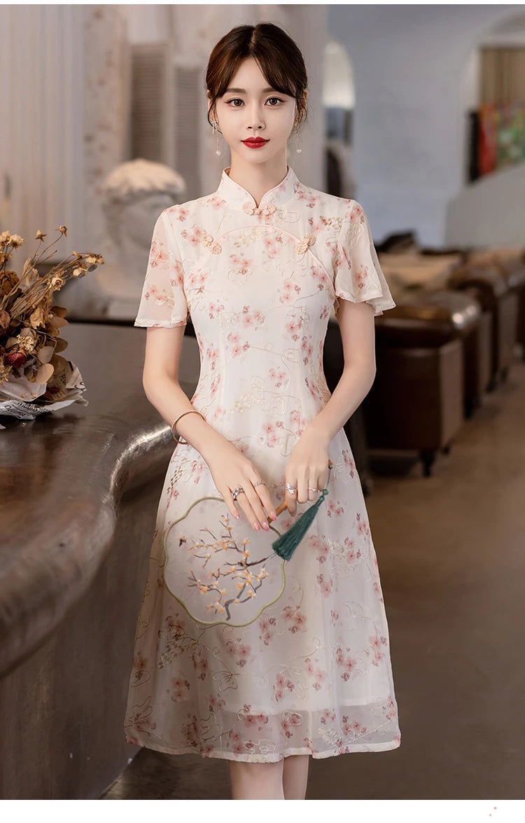 Summer Short Sleeve Qipao Fashion Modern Trend Ethnic Traditional Chinese Clothing Embroidery Cheongsam Dress for Women - Seprincess