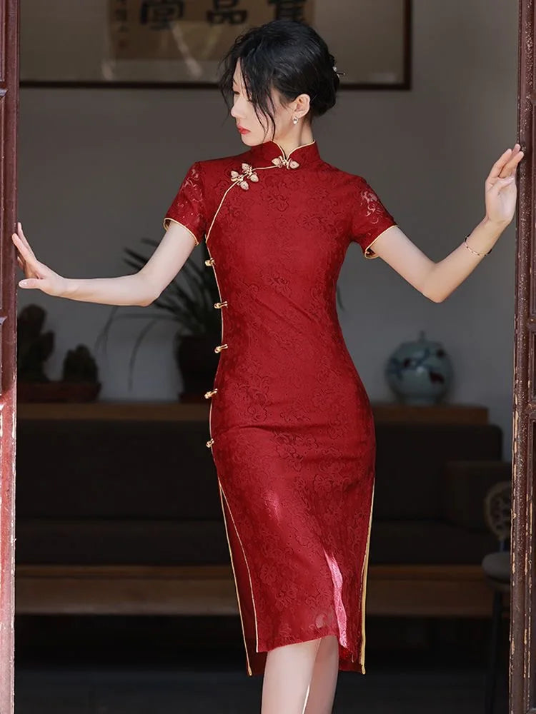 New Arrival Cheongsam Dress Red Jacquard with Improved Design Perfect for Wedding Bridal Party Banquet Dinner - Seprincess