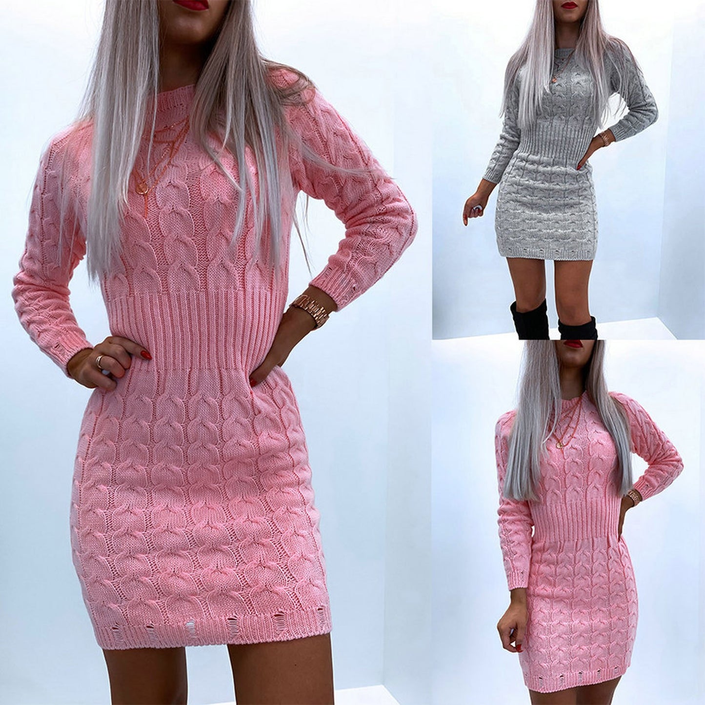 Sweater Women'S Long-Sleeved O-Neck Top Pattern Knitted Color Solid Dress Women'S Dress Short Dresses For Women Casual Vestido - Seprincess