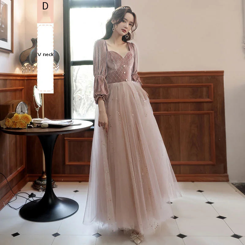 2022 New 4 Styles Bridesmaid Dress Bow Retro Elegant Long-sleeved Chic Temperament Long Evening Dress For Wedding Women Guest - Seprincess