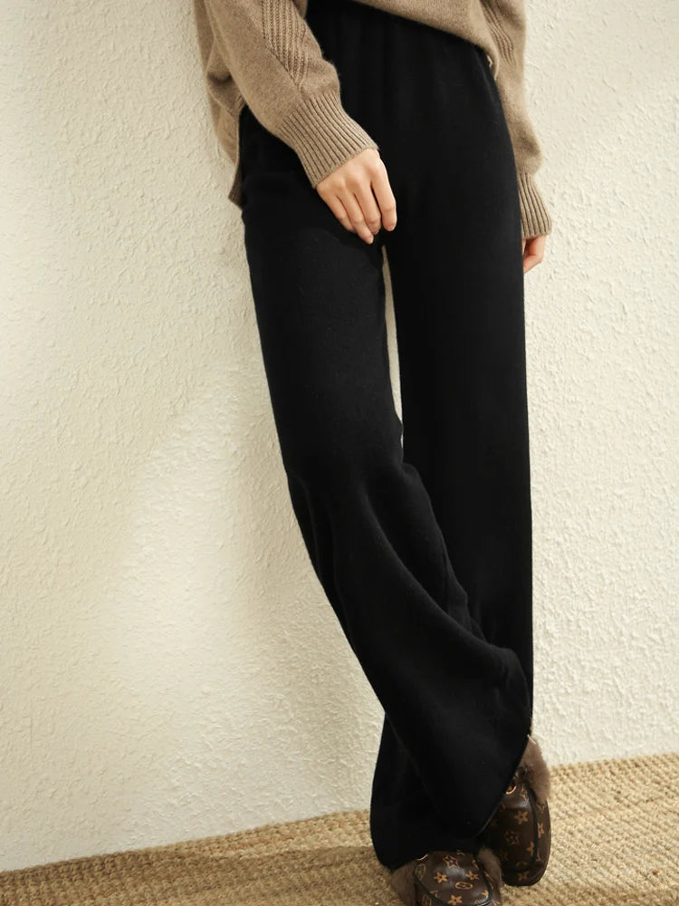 Autumn Winter New Women Wide-Leg Wool Pants 100% Merino Wool Quality Soft Elastic Waist Trousers Casual Knitted Popular Slacks