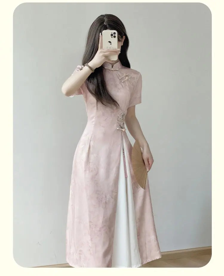 Elegant Pink Stand Collar Short Sleeve Ao Dai Vietnamese Dress for Women Chinese Style Printed Cheongsam Dresses Qipao XL 2XL - Seprincess