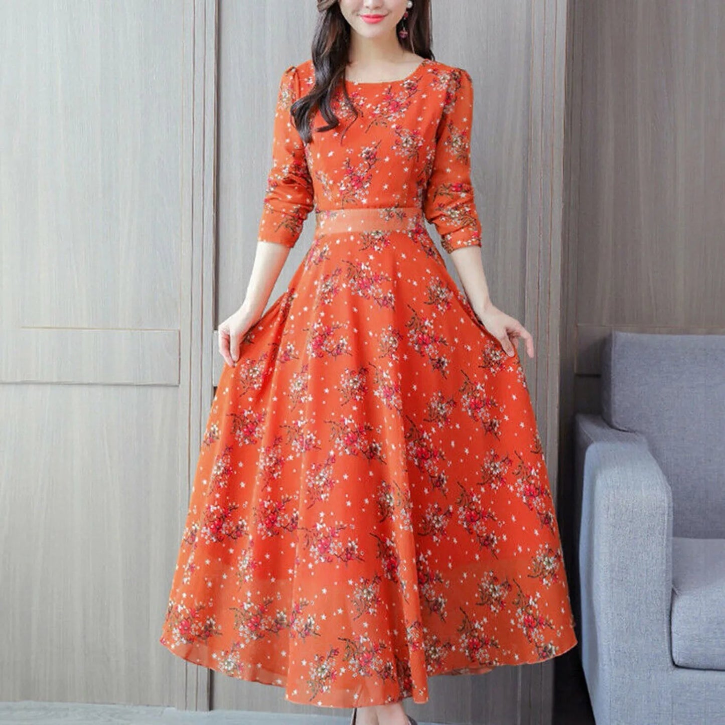 2024 Women's Casual Dress Elegant Female Loose Midi Dress Long Sleeve Floral Print Summer O Neck Dress 2024 Bohemia Clothing - Seprincess