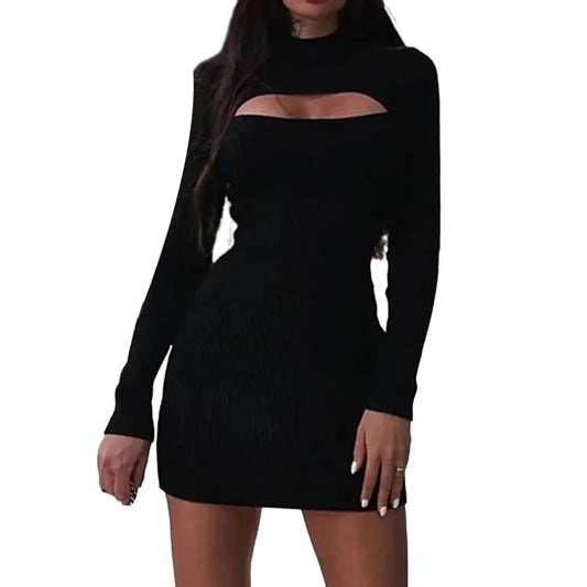 Stylish Hollow Knitted Dress  Ribbed Texture  Long Sleeves  Solid Color  Female Clothing for Daily Wear S L Sizes - Seprincess