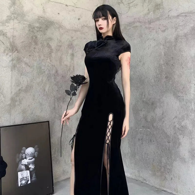 Vintage Black Gothic  Bandage Dress Sexy Cheongsam High Split Velvet Dress Spring Retro Long Qipao Women Aesthetic Dresses - Seprincess