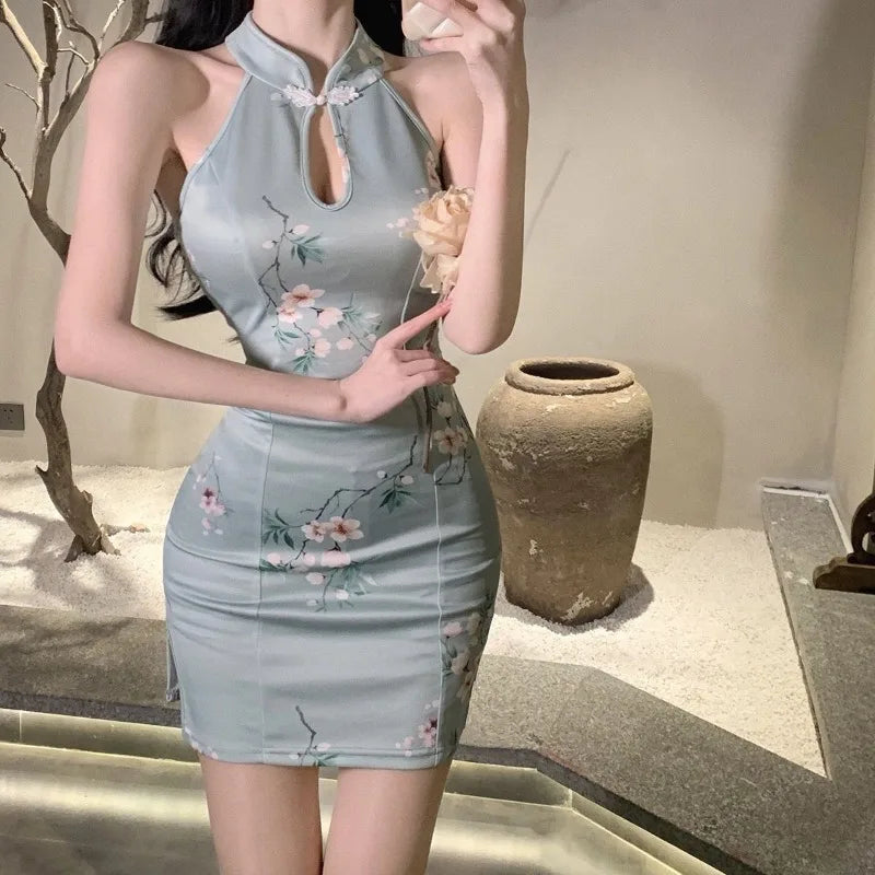 150Kg Plus Size Modified Cheongsam Temperament Retro Chinese Style Qipao Dress Ins Trend Sleeveless Backless Split Mini Dresses - Seprincess