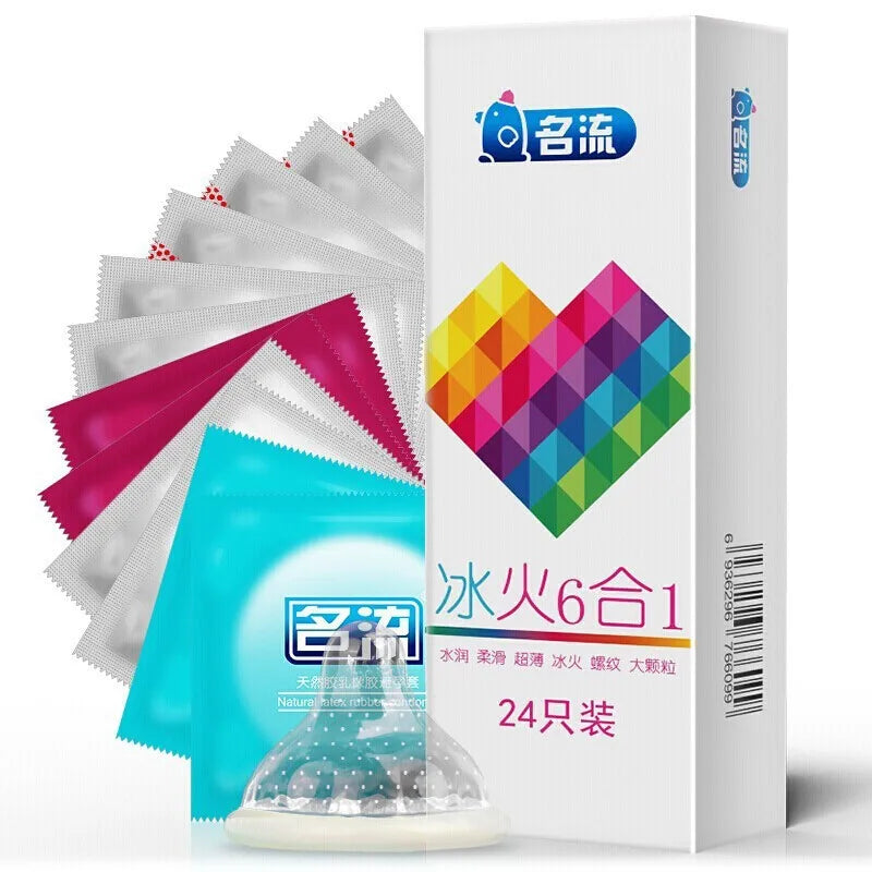 24PCS Ice Fire Feeling Condoms Adult Sex Toys Particles Sleeves For Penis Male Erotic Product Fama Latex Lasting Condom Sex Shop - Seprincess