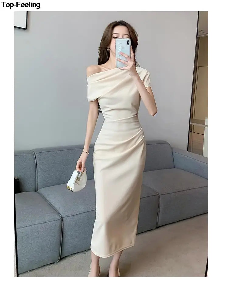 Elegant Off Shoulder Evening Party Dresses Women Summer Fashion Slim One Piece Solid Vestidos Korean Graduation Robe Clothing - Seprincess