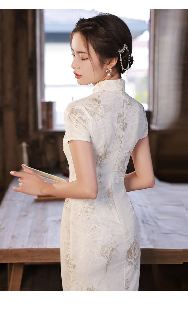 2023 White Lace Cheongsam Women Short Sleeve Traditional Vintage Dress Show Costumes Slim Embroidery Qipao Robe Chinoise Femme - Seprincess