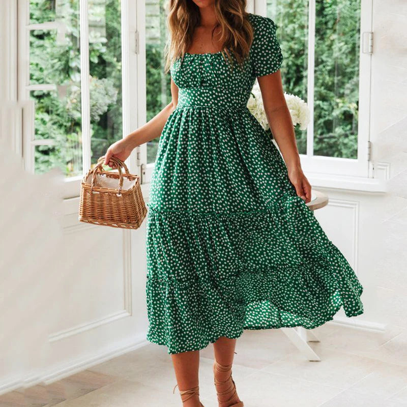 Vestidos Vintage Vintage Print Puff Sleeve summer Beach sweet dresses Casual Square collar floral maxi long dress 2023 festa - Seprincess