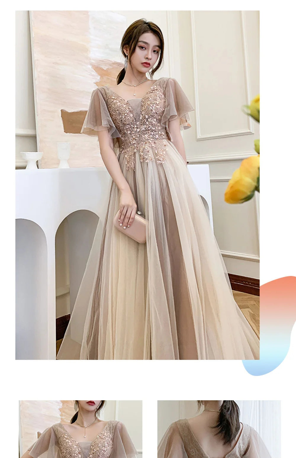 4 styles Champagne Pink Bridesmaid Dress Women's Elegant Off Shoulder Ruffles Sleeves Gown Sequins Flower Applique Vestido