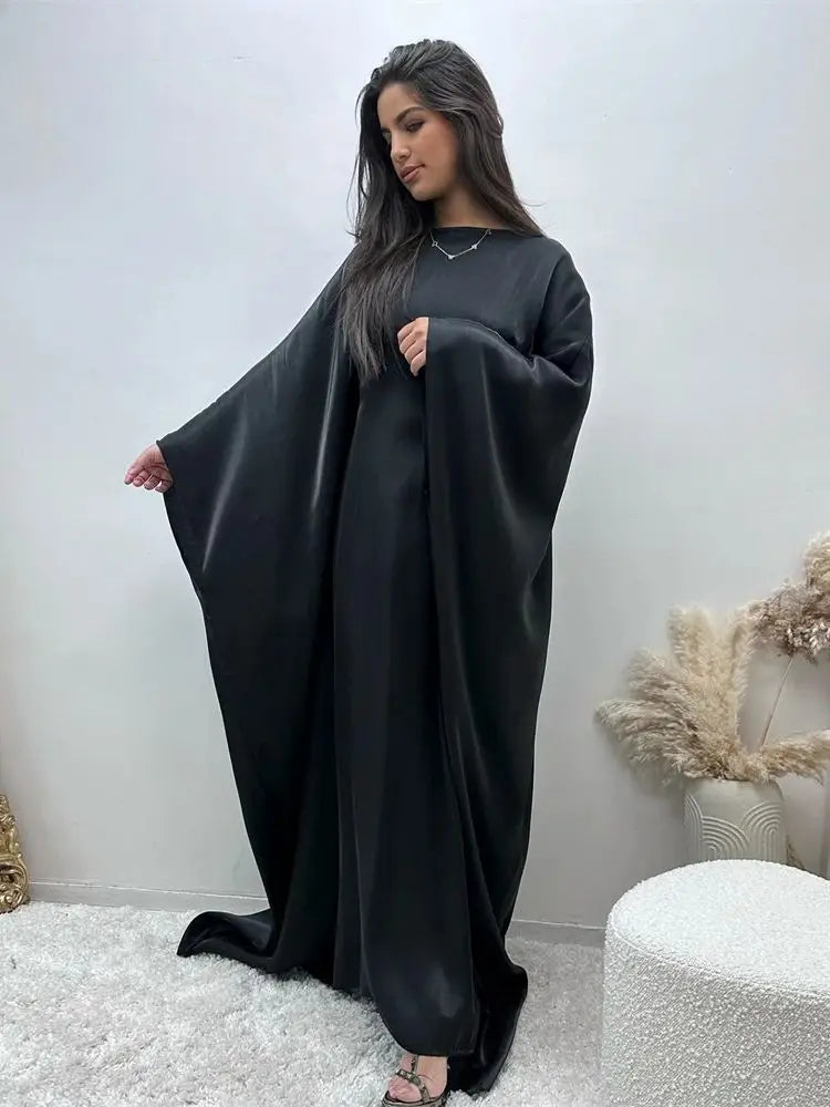 Batwing Butterfly Sleeve Satin Khimar Abaya Dubai Muslim Maxi Dress Kaftan Abayas For Women Kebaya Caftan Robe Femme Vestidos - Seprincess