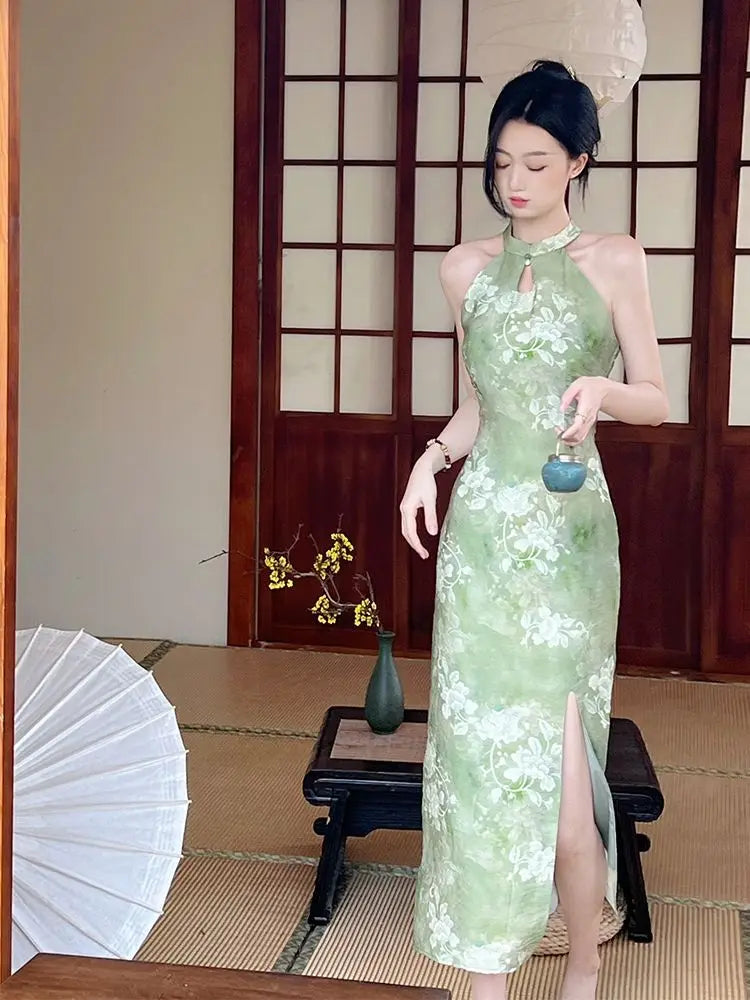 2024 New Improved Cheongsam Qipao Daily Summer Youth Style Elegant New Chinese Green Hanging Neck Evening Wedding Dress for Wome - Seprincess