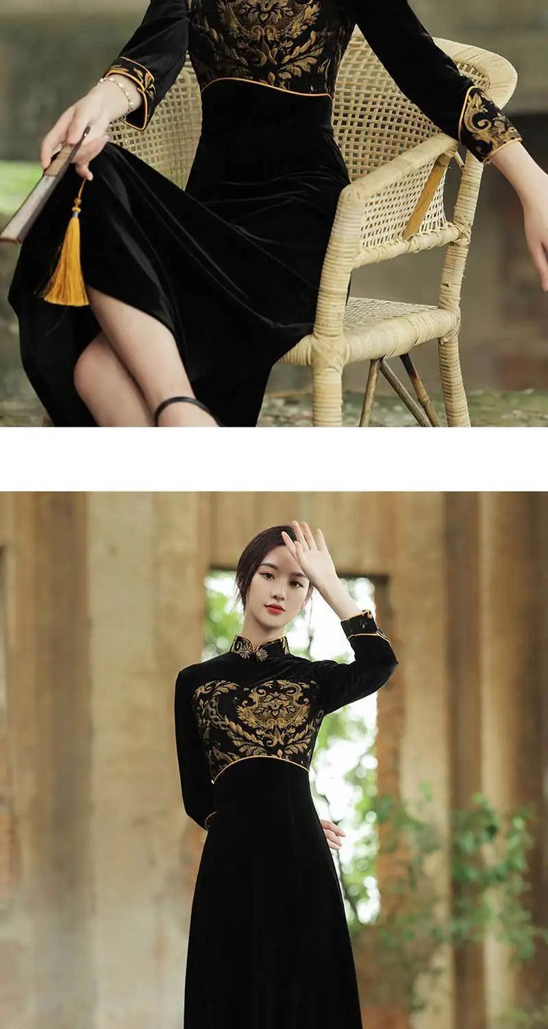 Women Qipao 2023 New Autumn Golden Velvet Long Cheongsam Sleeved High End Elegant Retro Style Cheongsam Long Sleeve Qipao Dress - Seprincess