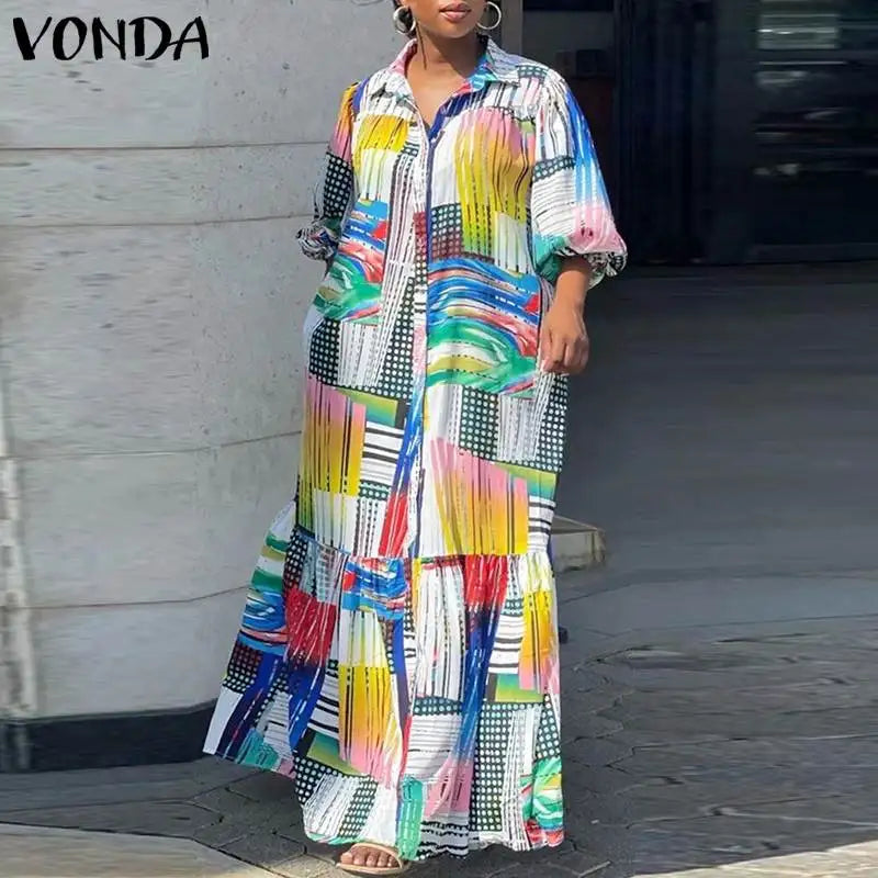 VONDA Plus Size Bohemian Printed Dress 2024 Autumn Women Elegant Long Sleeve Vintage Maxi Sundress Casual Buttons Loose Robe 5XL - Seprincess